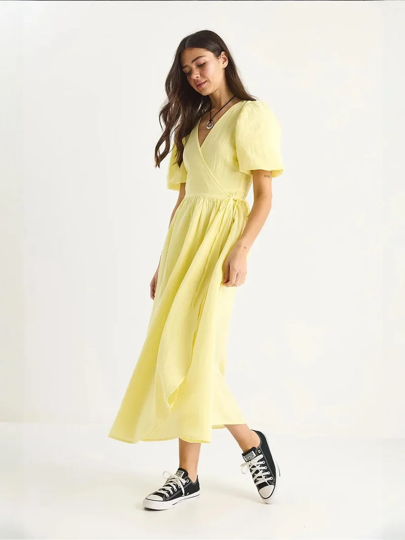 Bianco Lucci Lemon Yellow LUCCI Textured V-neck Midi Dress with Wrap Closure for Women | Best Price UAE