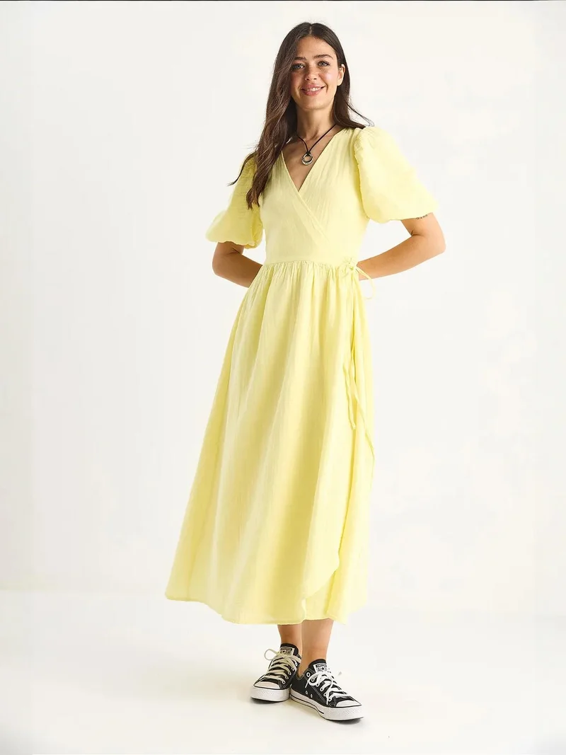 Bianco Lucci Lemon Yellow LUCCI Textured V-neck Midi Dress with Wrap Closure for Women | Best Price UAE