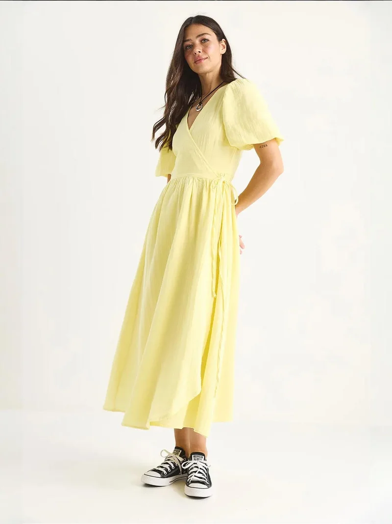 Bianco Lucci Lemon Yellow LUCCI Textured V-neck Midi Dress with Wrap Closure for Women | Best Price UAE