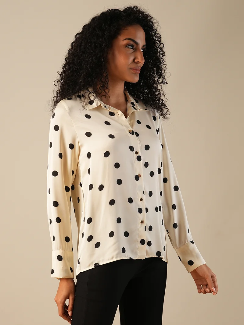 globus Women Cuffed Sleeves Polka Dots Satin Workwear Shirt