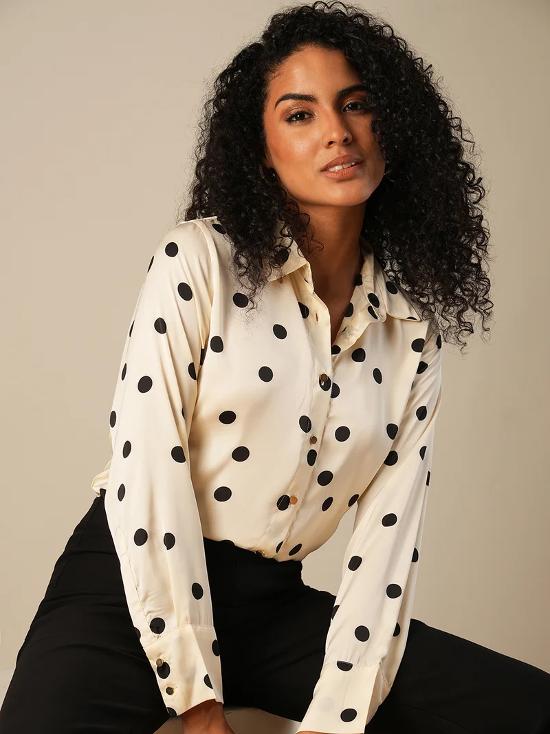 globus Women Cuffed Sleeves Polka Dots Satin Workwear Shirt