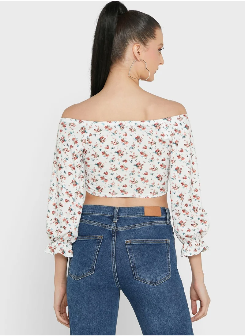LASULA Ruched Floral Print Top