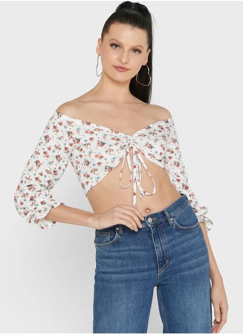 LASULA Ruched Floral Print Top