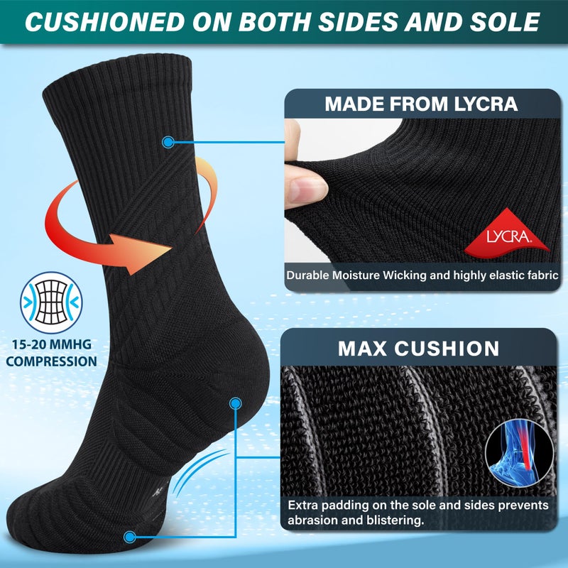 Hylaea Compression Running Socks for Men, Coolmax Anti-Blister Cushion Crew Socks for Athletic Basketball Tennis, Moisture Wicking & Seamless, Elite Black Large - Image 2