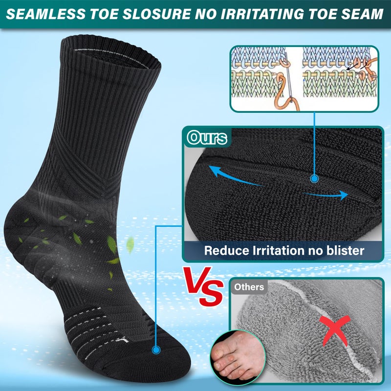 Hylaea Compression Running Socks for Men, Coolmax Anti-Blister Cushion Crew Socks for Athletic Basketball Tennis, Moisture Wicking & Seamless, Elite Black Large - Image 3