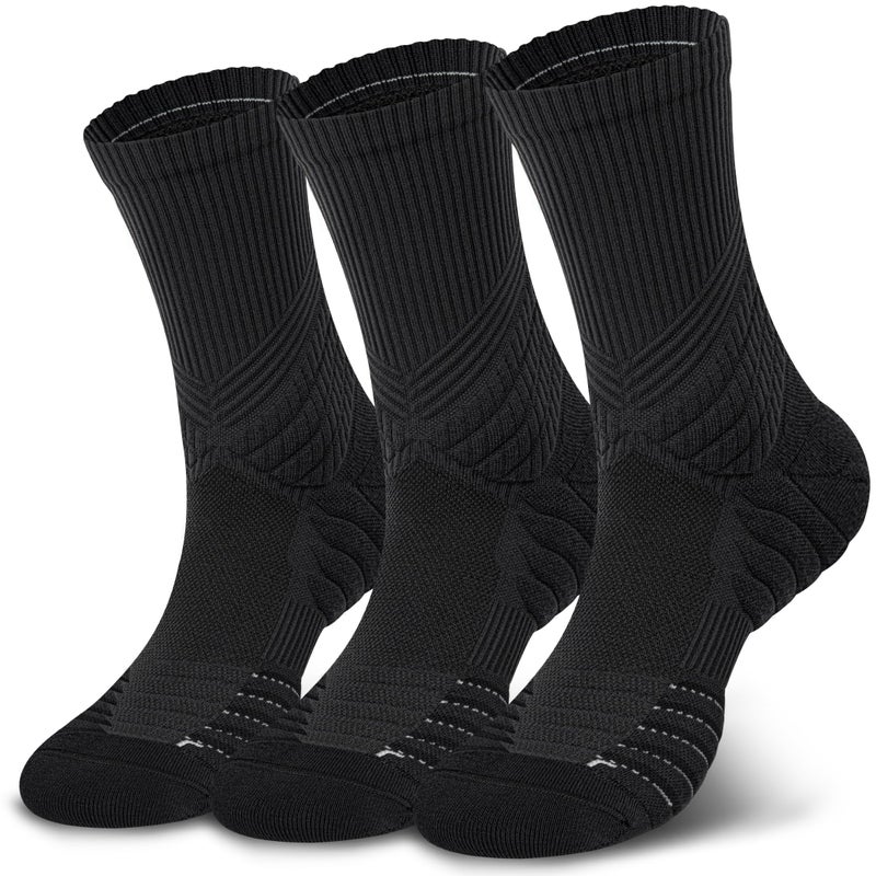 Hylaea Compression Running Socks for Men, Coolmax Anti-Blister Cushion Crew Socks for Athletic Basketball Tennis, Moisture Wicking & Seamless, Elite Black Large - Image 1