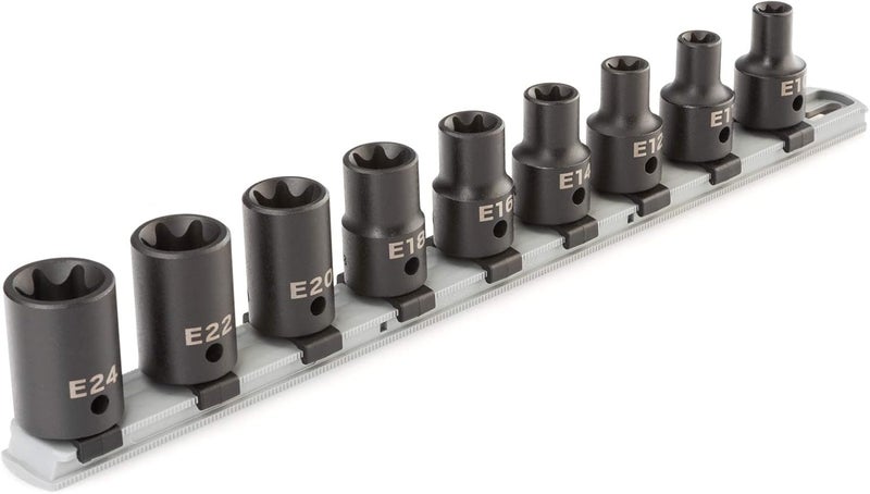 Tekton 1/2 Inch Drive Shallow External Star Impact Socket Set with Rail, 9-Piece (E10 - E24) | SID92100 - Image 1