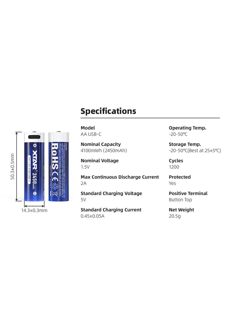 اكستار بطارية XTAR AA ليثيوم قابلة للشحن 1.5V 4100mWh USB-C | 1200 دورة شحن - Image 3