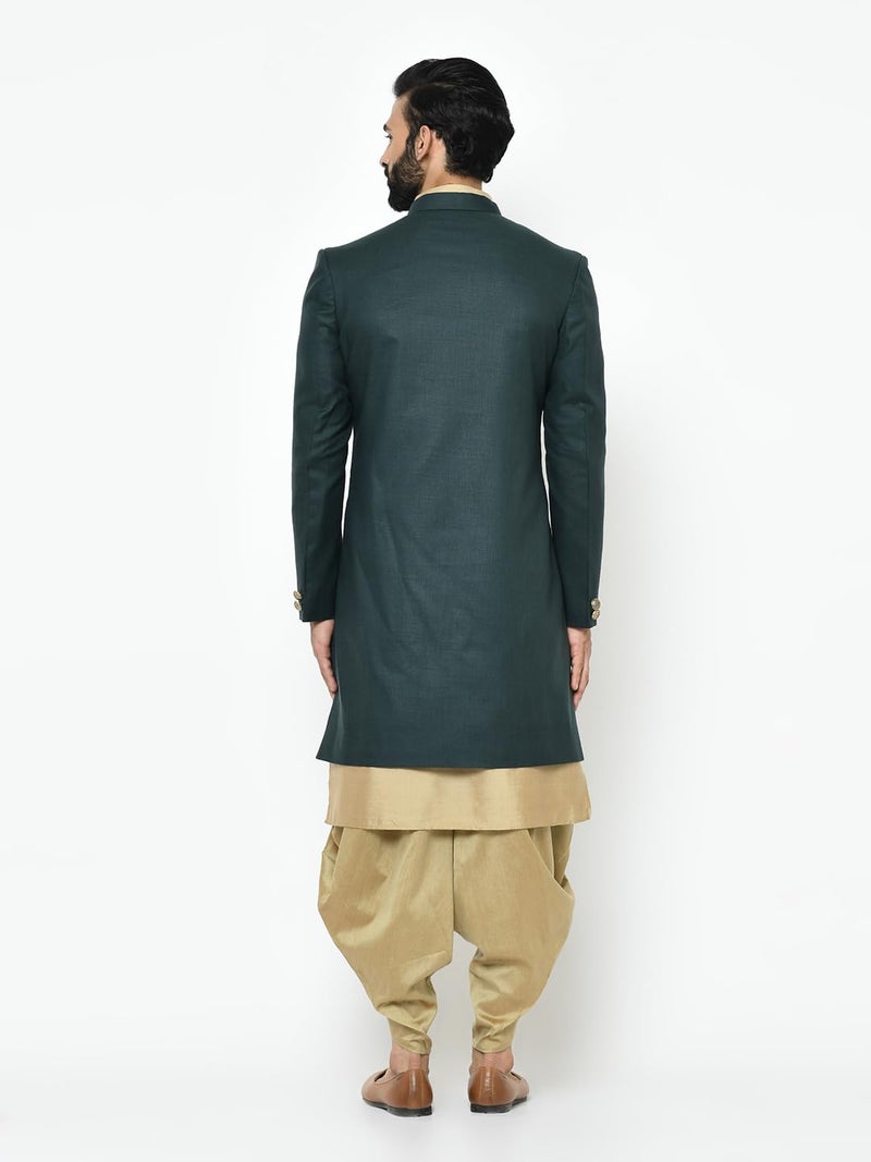 KISAH طقم كورتا شيرواني للرجال من كيساه، إنديو-ويسترن، أخضر، مزيج حرير، تصميم منسوج، مقاس عادي، ياقة ماندارين، أكمام كاملة (38) - Image 5