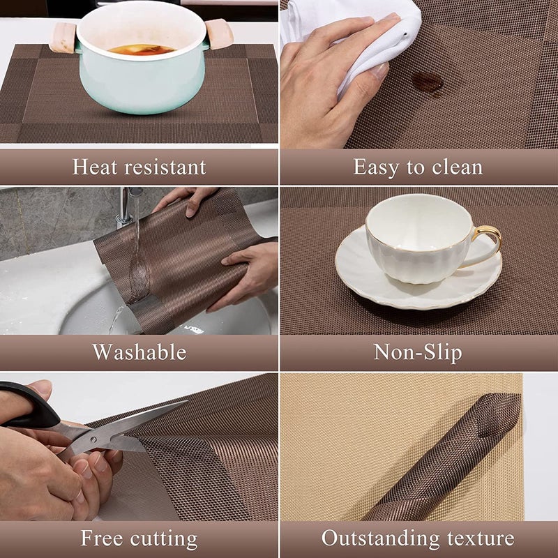 Ramkuwar PVC Placemat 4 PCS of Non Slip Place Mats Washable Vinyl Placemats Set of 4 Brown - Image 3
