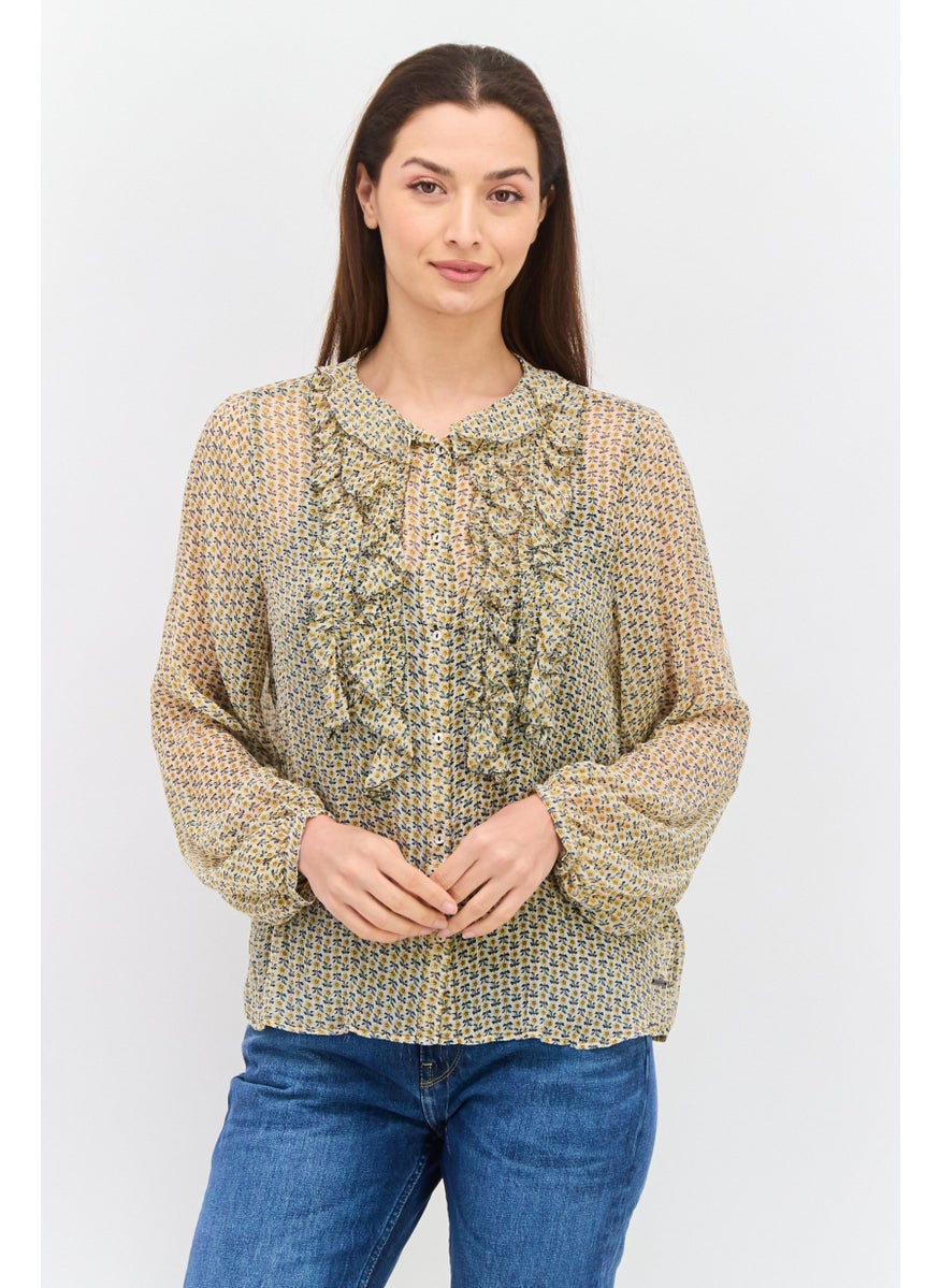 Pepe Jeans Women Ruffle Neck Long Sleeve Floral Print Top, White  - Image 1