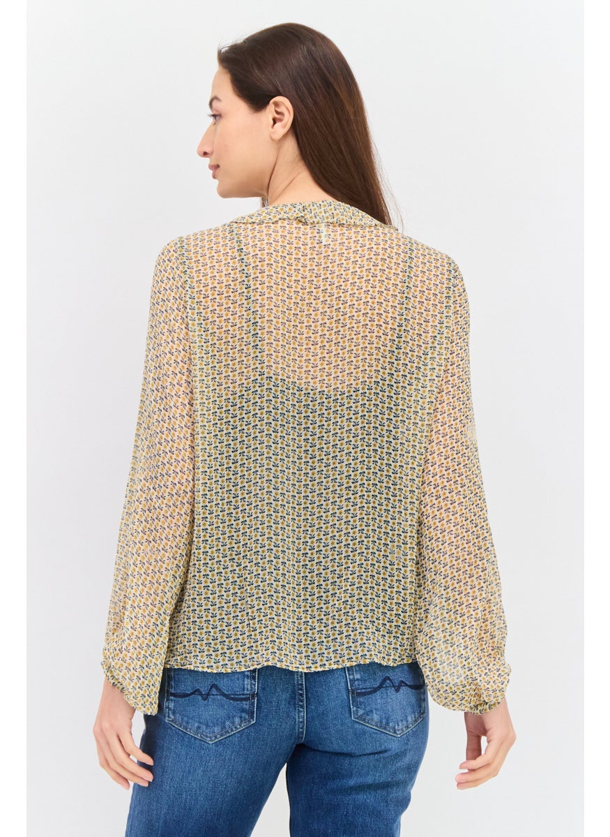 Pepe Jeans Women Ruffle Neck Long Sleeve Floral Print Top, White  - Image 3