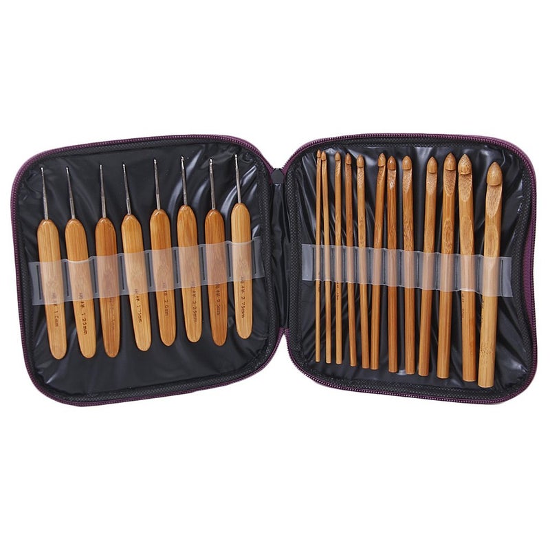 RangTeq 20 Sizes Bamboo Crochet Hooks Knitting Needles Craft Sewing Tools Knitting Yarn with Purple Case - Image 1