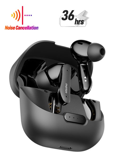 Roar Wireless Earbuds with Noise Cancellation (ANC+ENC) - 36 Hours Playtime with Bluetooth 5.3 - IPX4 Water Resistant - Gaming Bluetooth Earphones with Ultra-Low Latency - Deep Bass, Touch Control - For Exercise, Gym - Compatible with iPhone & Android (Black)