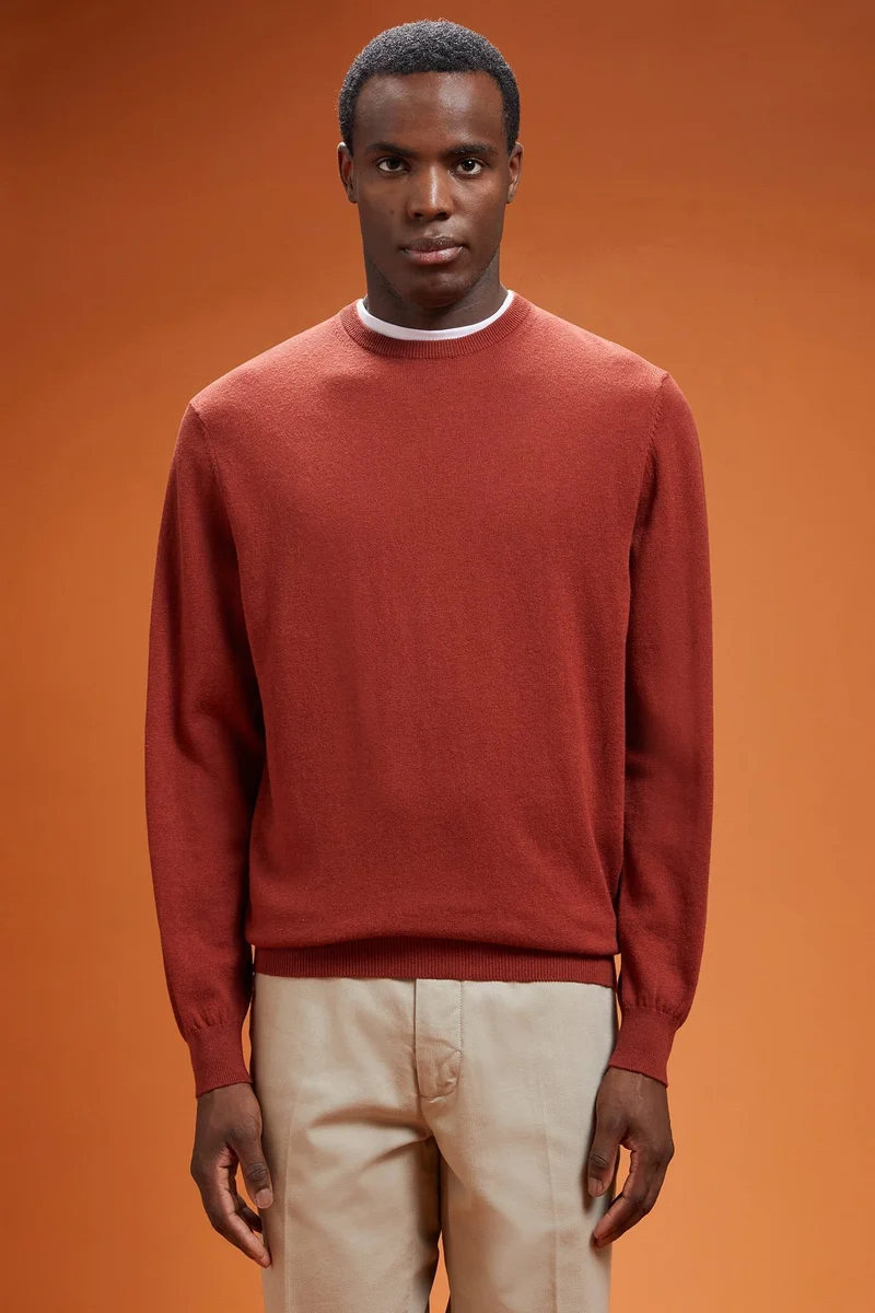 Doppelganger Men's regular fit crew neck jumper in wool and cotton - Brick