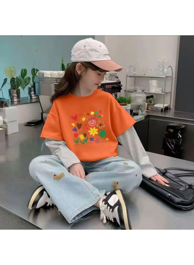 Girls' Pure Cotton Two-piece Long-sleeve T-shirt For Spring And Autumn, Korean Style Versatile Patchwork Striped Base Shirt Top For Older Children