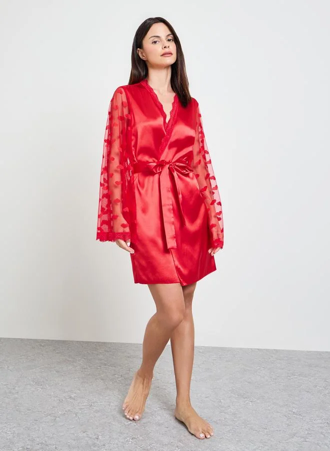 تايك تو Red Satin Mesh Heart Pattern Robe