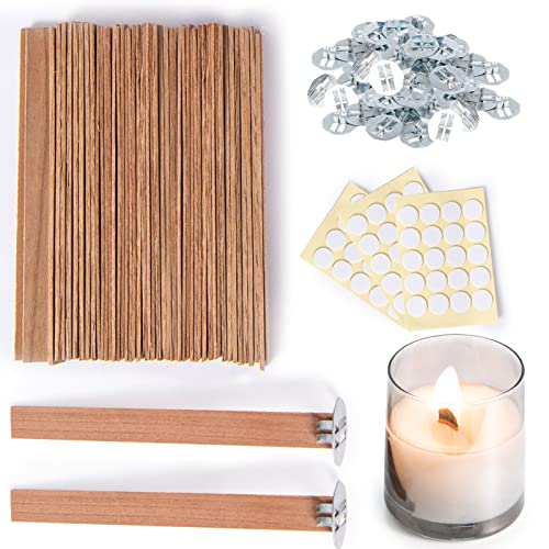 Ziosxin 50 Set Candle Wick, Thicken Smokeless Cherry Wood Wicks for Candles-Long Lasting Flame-Easily Burn, Candle Cores with Stand and Glue Dot, Candle Wicks for Candle Making - Image 1