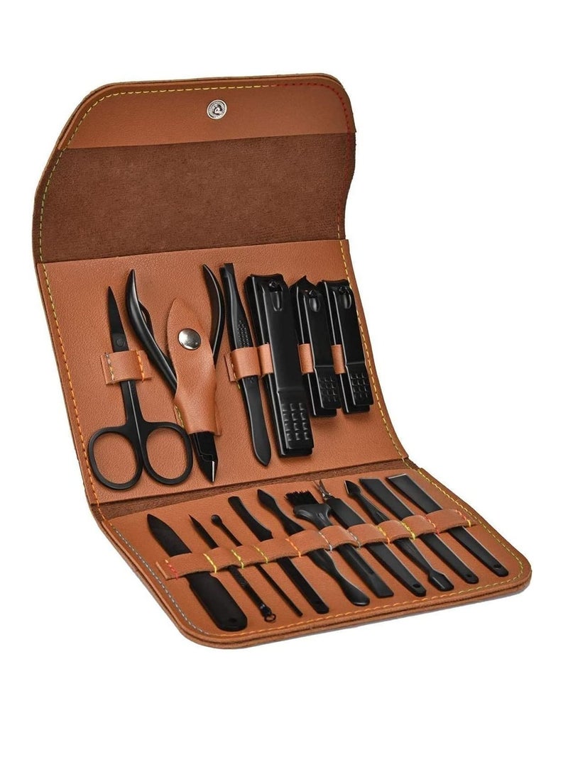 Professional Stainless Steel Pedicure Nail clipper Tool Kit with PU Leather folding 16 piece set - Image 1