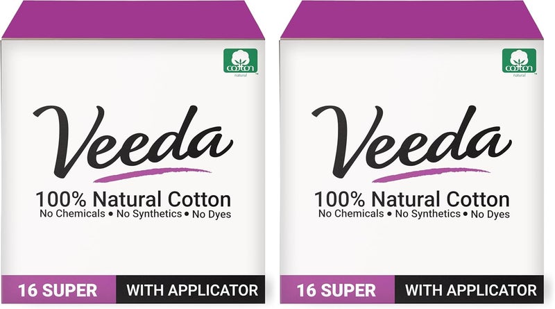 Veeda 100% Natural Cotton Tampons - Super Absorbency with Leak Proof Protection - Compact BPA-Free Applicator - Unscented & Free from Chlorine, Toxin - 16 Count (Pack of 2) - Image 1