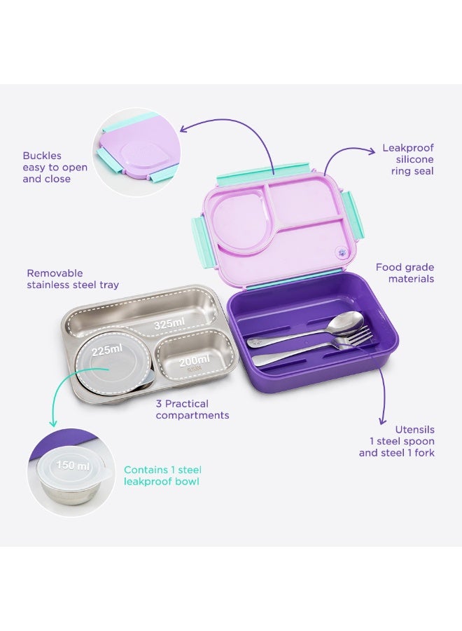 Hydrobrew Steel Core Lunch Box 750ml + 150ml Food Jar w/ cutlery, Stainless Steel, Leakproof - BERRY CREAM - Image 2