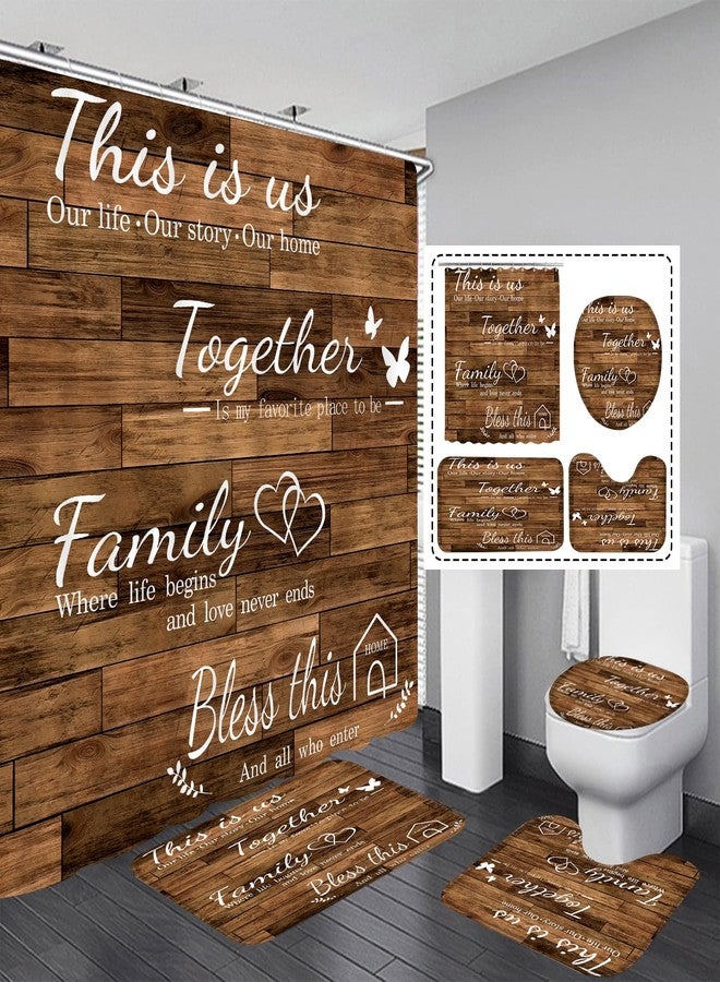 juwute 4Pcs Family Shower Curtain Sets with Non-Slip Rugs, Toilet Lid Cover and Bath Mat, Brown Home Bathroom Decor Set Accessories Waterproof Shower Curtains with 12 Hooks, 72 x 72 Inch - Image 2