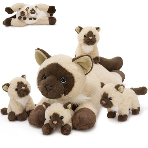 MorisMos 5 Pcs Siamese Cat Stuffed Animal 19 Inch Large Mama Cat with 4 Baby Kittens Soft Gift Toy for Kids Cat Lovers Nursery Decor Birthday - Image 1