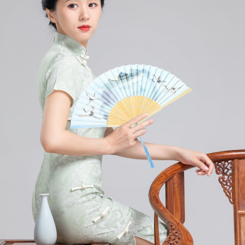 Chinese Style Handle Fan Chinese Folding Fan Oriental Handheld Silk Fabric Fan Decoration - Image 3