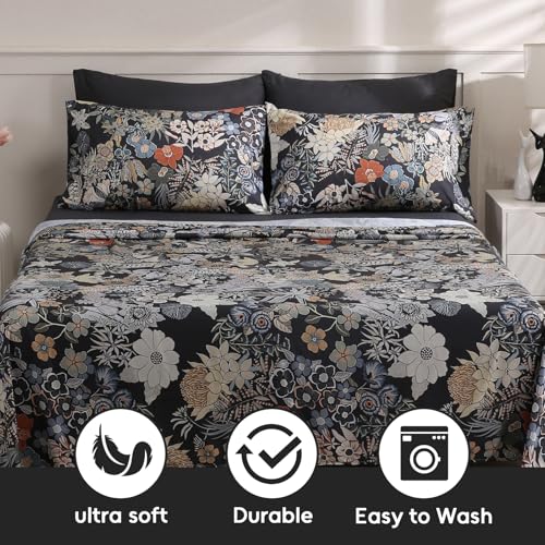 LONAVA Floral Queen Size Bed Sheet Set, 6 Piece, Deep Pocket Black Fitted Sheet, Comfy & Breathable Boho Patterned Flat Sheets, Premium Microfiber, Midnight Blossoms Printed - Image 5