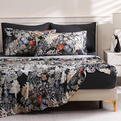 LONAVA Floral Queen Size Bed Sheet Set, 6 Piece, Deep Pocket Black Fitted Sheet, Comfy & Breathable Boho Patterned Flat Sheets, Premium Microfiber, Midnight Blossoms Printed - Image 1