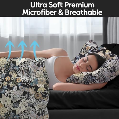LONAVA Floral Queen Size Bed Sheet Set, 6 Piece, Deep Pocket Black Fitted Sheet, Comfy & Breathable Boho Patterned Flat Sheets, Premium Microfiber, Midnight Blossoms Printed - Image 2