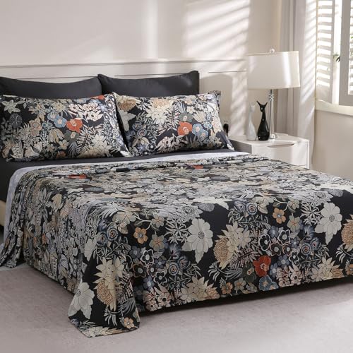 LONAVA Floral Queen Size Bed Sheet Set, 6 Piece, Deep Pocket Black Fitted Sheet, Comfy & Breathable Boho Patterned Flat Sheets, Premium Microfiber, Midnight Blossoms Printed - Image 3