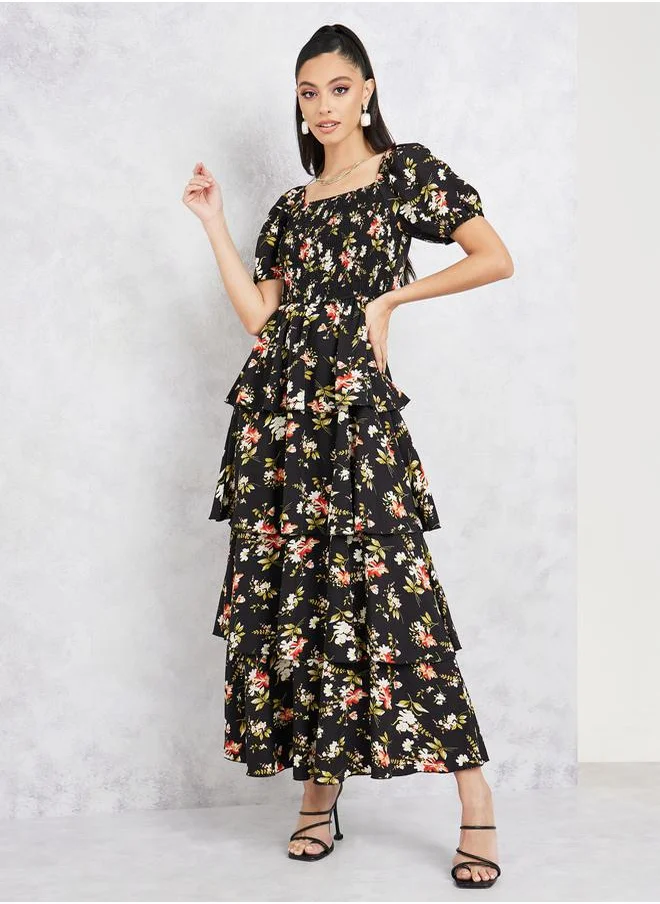 Styli Floral Printed Tiered Maxi Dress