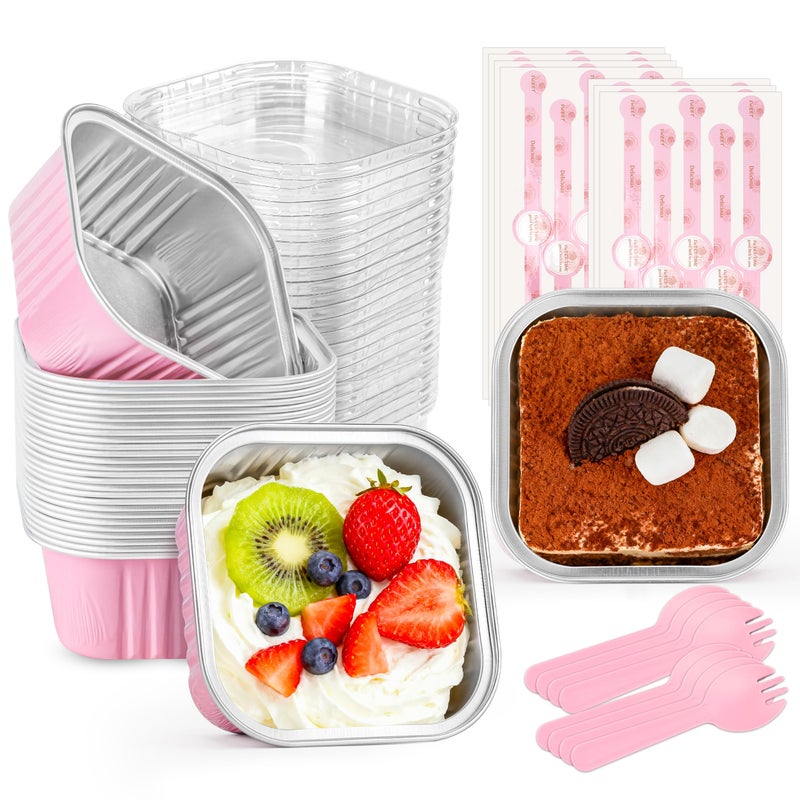 LOKQING 60 pack Mini Cake Pans with Lids Foil Pans Square Aluminum Pans with Lids Cupcake Liners for Birthday Wedding Party Gift (Pink, 5 oz) - Image 1