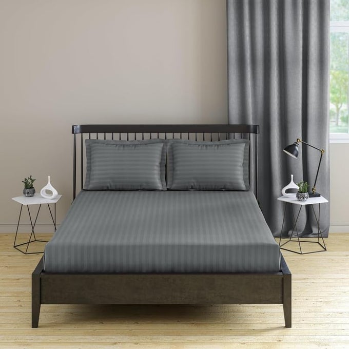 BASIC 1CM SATIN STRIPE PURE COTTON 210TC 3PC BEDDING SET QUEEN REGULAR SIZE 275X225 CM CHARCOAL 1 BED SHEET 2 PILLOW COVERS