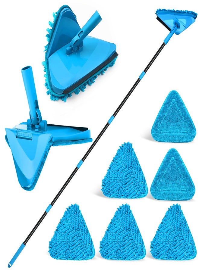 NEWE Wall Mop with 202 cm Long Handle, 180° Folding Floor Mop with Squeegee, Triangle Mop with 4 Chenille Pads and 2 Microfibre Pads for Washing Painted Walls, Ceiling (Blue) - Image 1