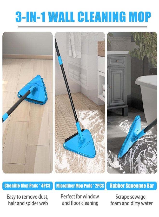 NEWE Wall Mop with 202 cm Long Handle, 180° Folding Floor Mop with Squeegee, Triangle Mop with 4 Chenille Pads and 2 Microfibre Pads for Washing Painted Walls, Ceiling (Blue) - Image 3