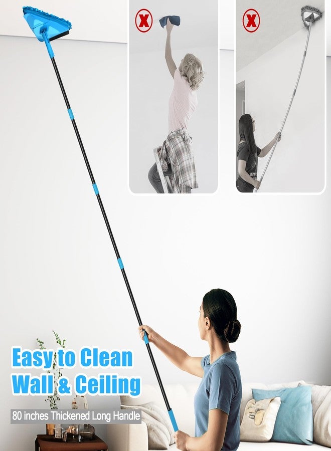 NEWE Wall Mop with 202 cm Long Handle, 180° Folding Floor Mop with Squeegee, Triangle Mop with 4 Chenille Pads and 2 Microfibre Pads for Washing Painted Walls, Ceiling (Blue) - Image 2