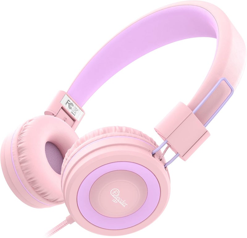 ELECDER i37 Kids Headphones for School Children Girls Boys Teens Foldable Adjustable On Ear Wired Headphones with 3.5mm Jack for Smartphones Chromebook Laptop Computer PC Tablets Travel, Peach/Purple - Image 1