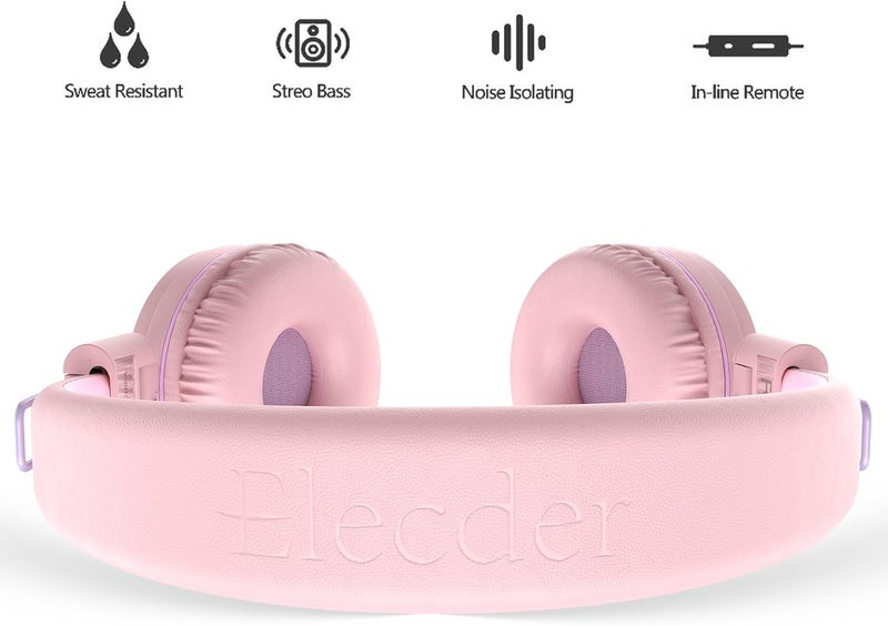 ELECDER i37 Kids Headphones for School Children Girls Boys Teens Foldable Adjustable On Ear Wired Headphones with 3.5mm Jack for Smartphones Chromebook Laptop Computer PC Tablets Travel, Peach/Purple - Image 3