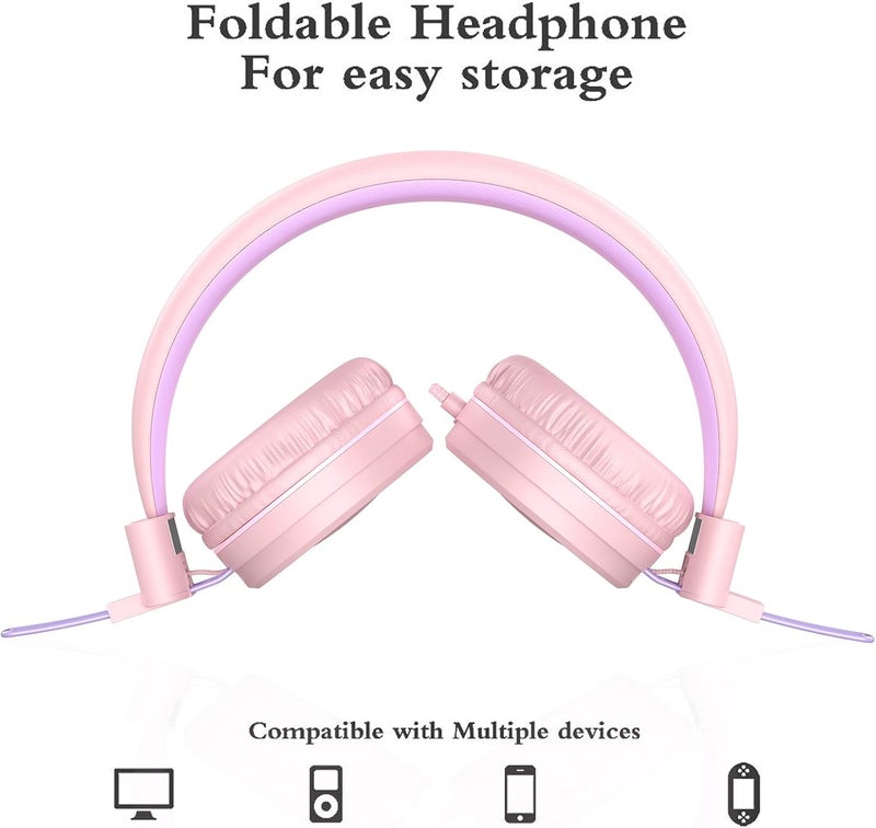 ELECDER i37 Kids Headphones for School Children Girls Boys Teens Foldable Adjustable On Ear Wired Headphones with 3.5mm Jack for Smartphones Chromebook Laptop Computer PC Tablets Travel, Peach/Purple - Image 4