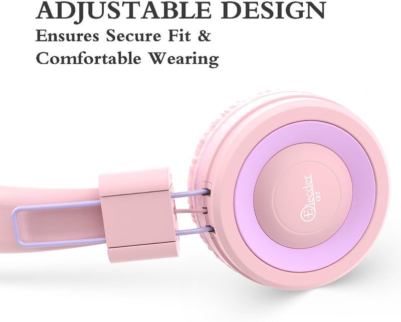 ELECDER i37 Kids Headphones for School Children Girls Boys Teens Foldable Adjustable On Ear Wired Headphones with 3.5mm Jack for Smartphones Chromebook Laptop Computer PC Tablets Travel, Peach/Purple - Image 5