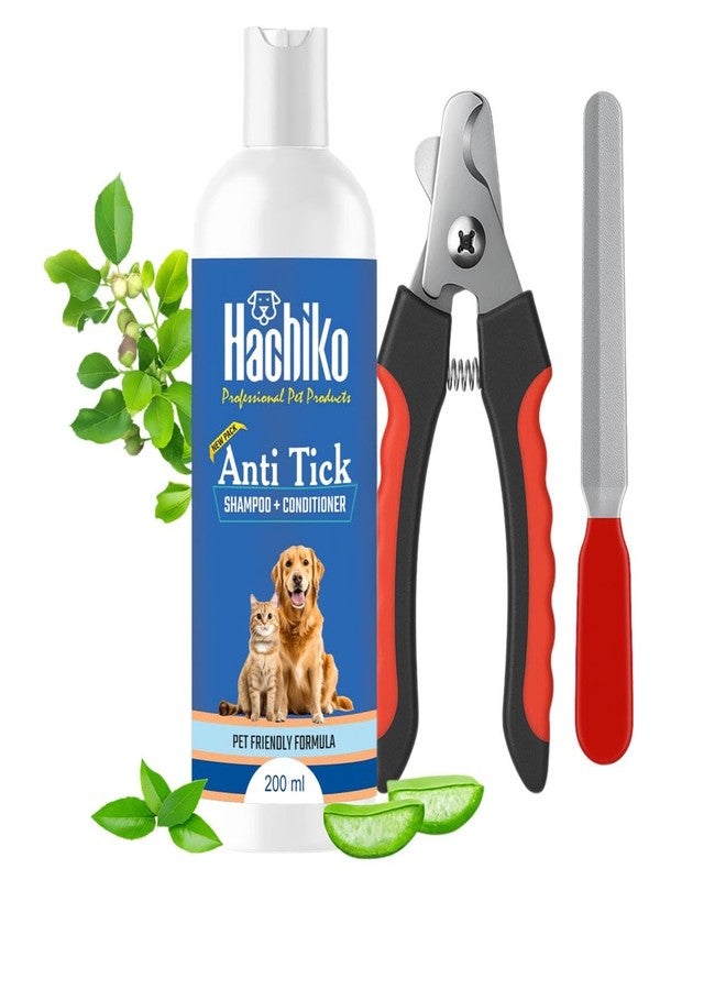 Hachiko Anti Tick Shampoo + Conditioner + Nail Clipper & Filer Combo - Bath + Nail Care Grooming Kit for Pets