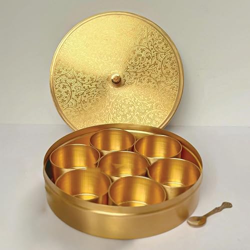 Thangam Brass Masala(Spice)Box/Dabba| Anjarai Petti/Masala Dabba with 7 Bowls & Spoon|Traditional Airtight Spice Box for Kitchen Storage|Dry Fruit & Mukhwas Box|Decorative Container with Lid (Medium) - Image 1