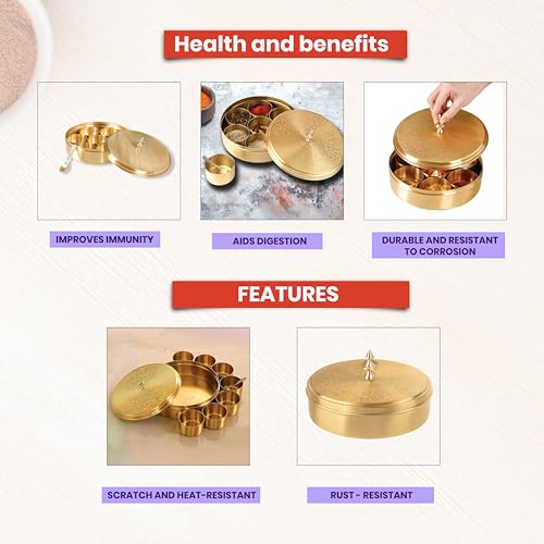 Thangam Brass Masala(Spice)Box/Dabba| Anjarai Petti/Masala Dabba with 7 Bowls & Spoon|Traditional Airtight Spice Box for Kitchen Storage|Dry Fruit & Mukhwas Box|Decorative Container with Lid (Medium) - Image 4
