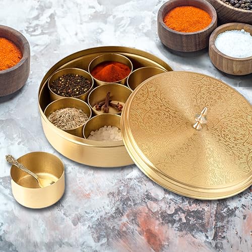 Thangam Brass Masala(Spice)Box/Dabba| Anjarai Petti/Masala Dabba with 7 Bowls & Spoon|Traditional Airtight Spice Box for Kitchen Storage|Dry Fruit & Mukhwas Box|Decorative Container with Lid (Medium) - Image 2