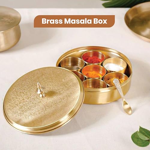 Thangam Brass Masala(Spice)Box/Dabba| Anjarai Petti/Masala Dabba with 7 Bowls & Spoon|Traditional Airtight Spice Box for Kitchen Storage|Dry Fruit & Mukhwas Box|Decorative Container with Lid (Medium) - Image 5