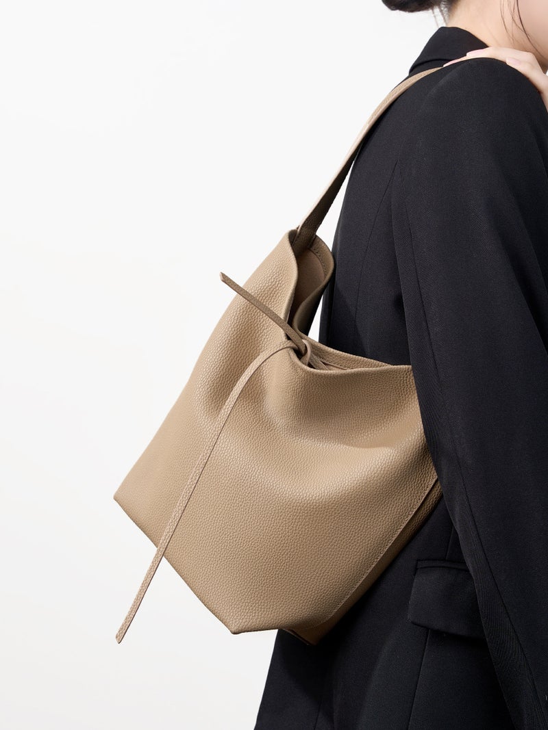 Bag Women'S New Cowhide Large Capacity Girl'S Shoulder Bag Women'S Lazy Style High-End Portable Leather Bucket Bag - Image 2