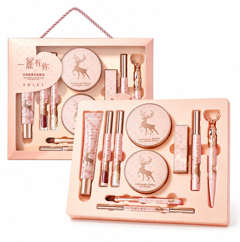 Me Now Makeup Gift Set for Women, 10 Pcs Full Face Makeup Kit with Air Cushion, Setting Powder, Lipstick, Lip Gloss, Mascara, Eyeliner, Brow Pencil, Primer, Concealer and Brush, Pink Deer Beauty Gift Box - Image 1
