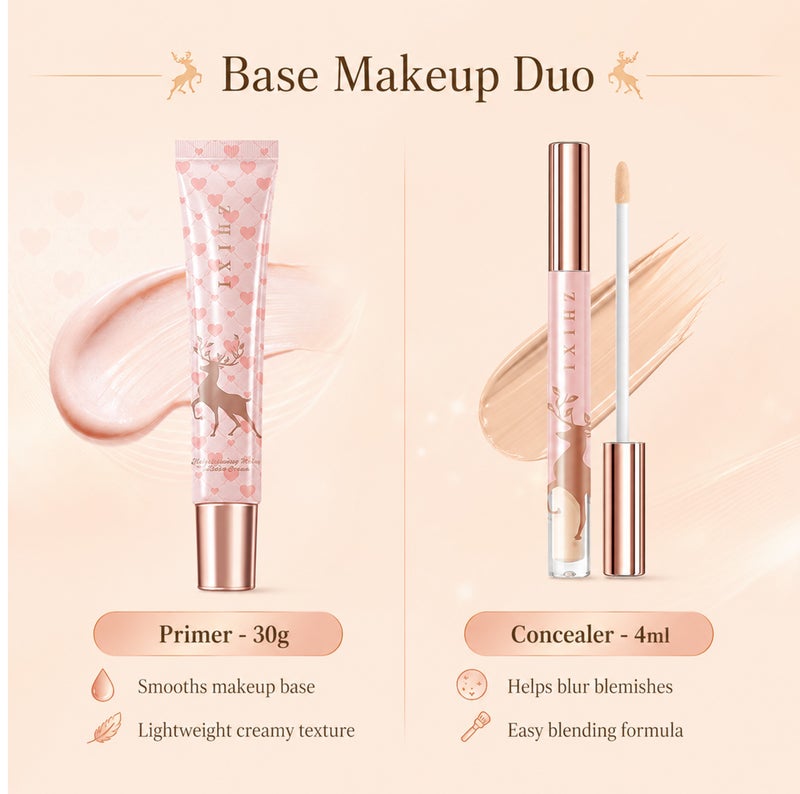 Me Now Makeup Gift Set for Women, 10 Pcs Full Face Makeup Kit with Air Cushion, Setting Powder, Lipstick, Lip Gloss, Mascara, Eyeliner, Brow Pencil, Primer, Concealer and Brush, Pink Deer Beauty Gift Box - Image 4